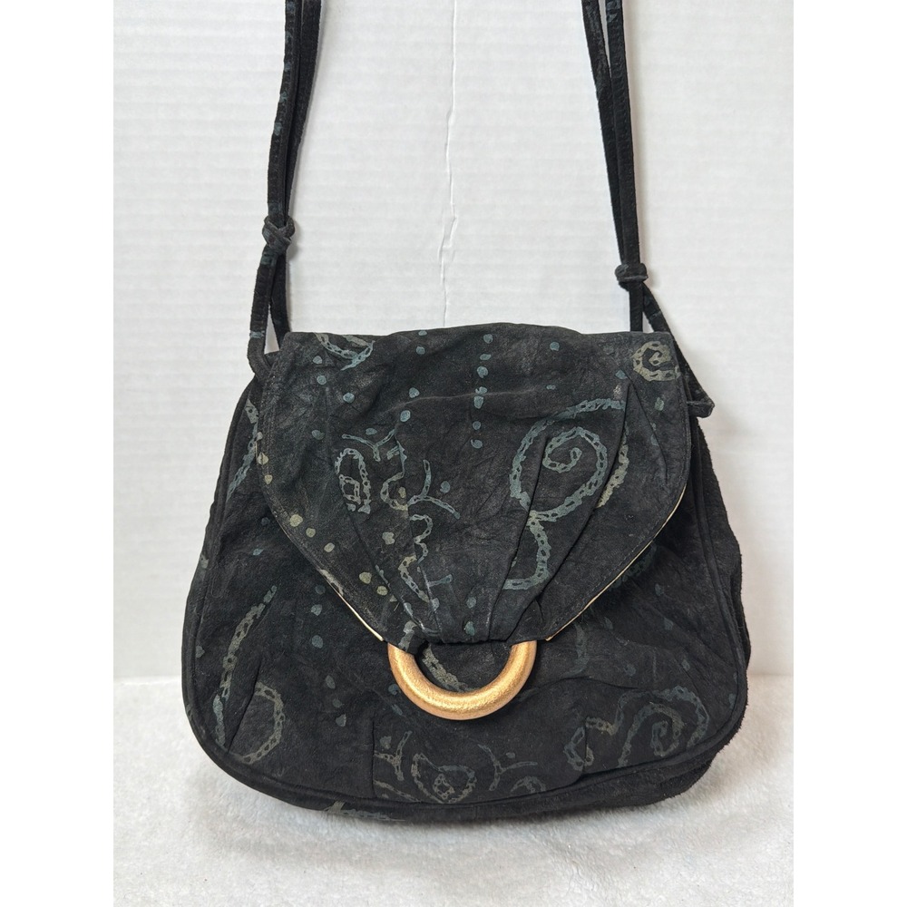 VTG BRACCIALINI Batik Suede Abstract Swirls Crossbody Bag Metallic Gold Lining